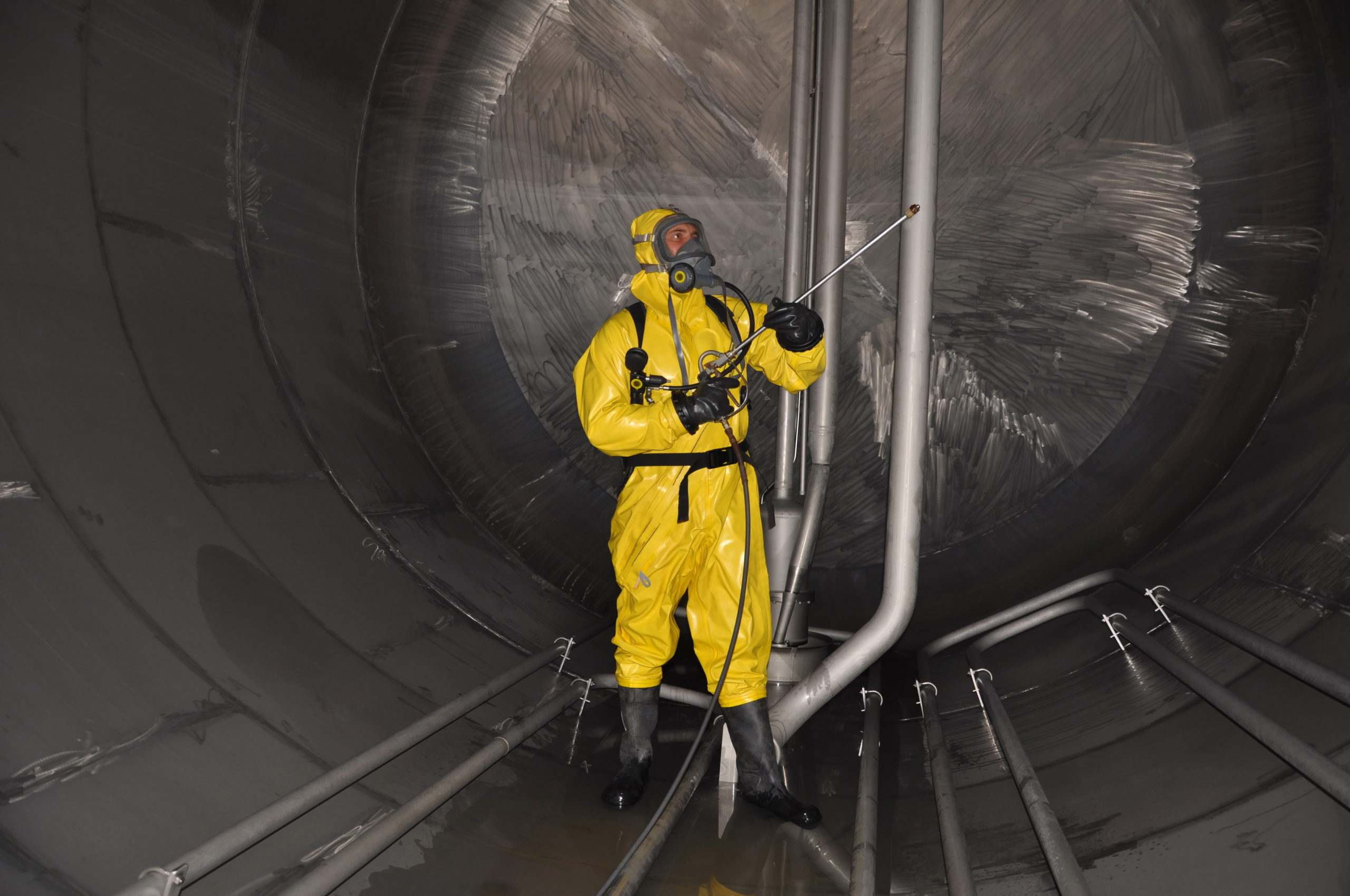 man in chemical suit